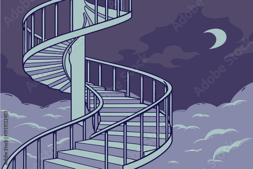 Dreamy spiral staircase ascending to moonlit clouds