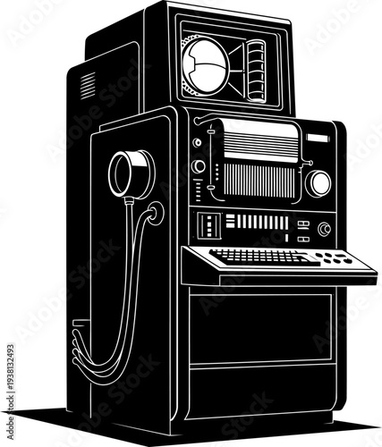 Vintage mainframe computer terminal with keyboard line art