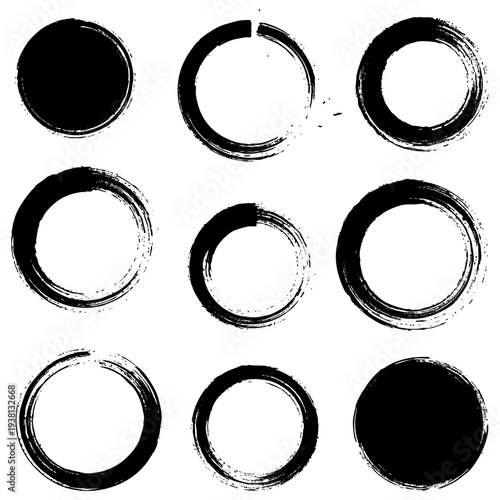 A set of circular graphic elements made in the style of rough brush strokes, prints, and splashes. Includes both solid textured circles and open rings in the enso aesthetic. Vector illustration.
