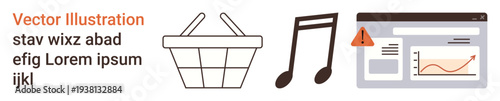 E-commerce, music streaming, data analysis, digital marketing, online shopping, error notification. A shopping basket, music note and analytics dashboard with alert icon. E-commerce and music
