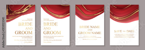Luxury red liquid marble backgrounds with golden waves for wedding invitations or greeting cards or business.