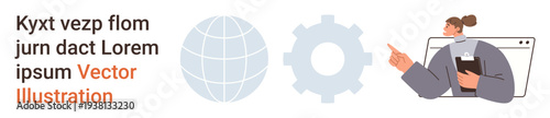 Business strategy, teamwork, global communication, technology integration, project management, leadership. Woman pointing next to a globe and gear icons. Business and teamwork concept