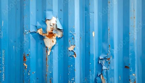 Textured close-up of worn blue metal siding with peeling paint and patches of rust