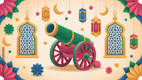 Vibrant eid al fitr celebration background with colorful lanterns and traditional decorations around a green cannon