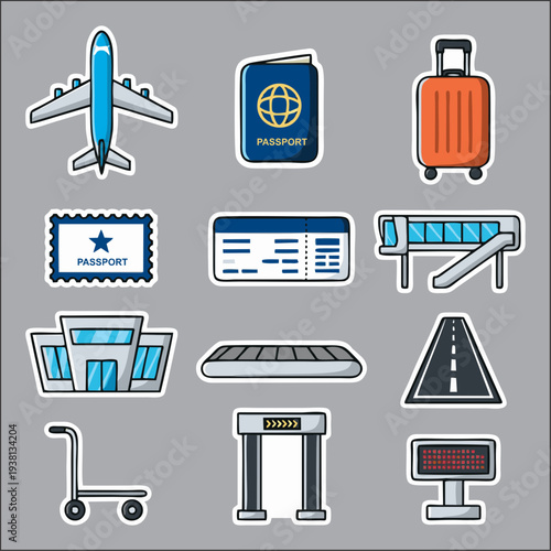 Airport Transportation Icons Set – Plane, Bus, Terminal, Luggage, Car and Pilot Flat Vector
