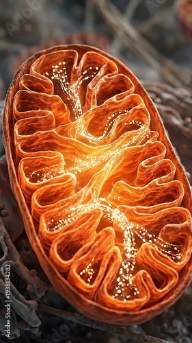 Microscopic mitochondrion cell organelle biology science energy metabolism atp production glowing structure 3d render illustration concept micrograph organelle structure