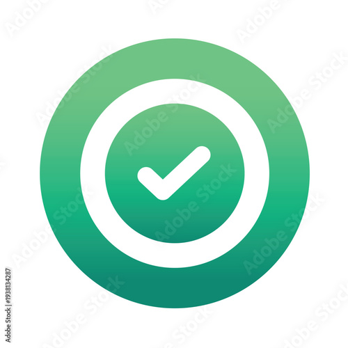 Green gradient approval check mark icon with white tick symbol. Modern minimalist confirmation badge for mobile app interface, website success message, fintech verification, quality assurance.