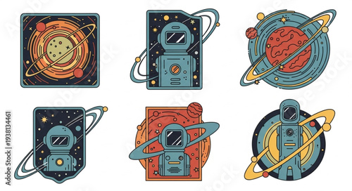 Collection of Retro Space Icons Featuring Astronauts and Planets.