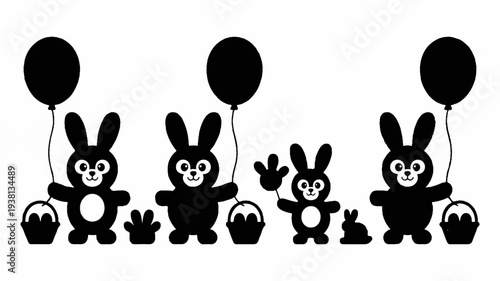 Four cute black rabbits with balloons and easter eggs on white background joyful scene