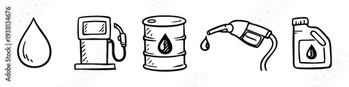 Hand-drawn set of oil and gas industry icons featuring a fuel pump, barrel, gas nozzle, drop, and canister in a minimalist doodle style. Perfect for energy, automotive, and industrial concepts.
