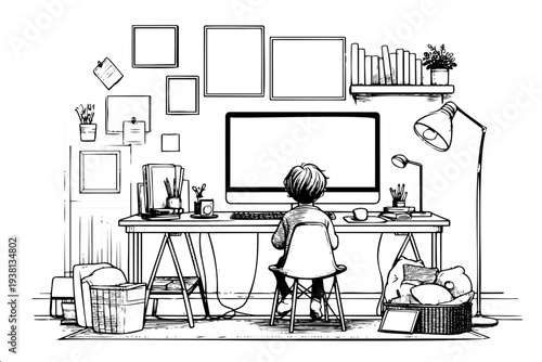 Back view of person sitting at desk with monitor bookshelf and lamp. Cozy workspace drawing for remote work freelance and productivity content