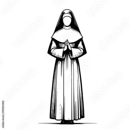 Standing nun figure in religious dress with folded hands in prayer pose. Minimalist drawing for church spiritual content and historical materials