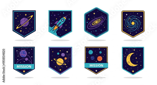 Collection of Space Mission Patches with Planets and Rockets.