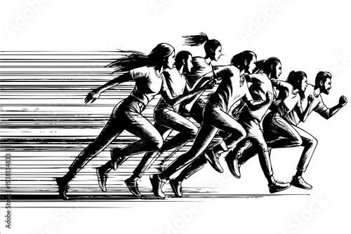 Group of men and women in office attire sprinting with motion blur effect. Dynamic illustration for corporate competition startup and career concepts