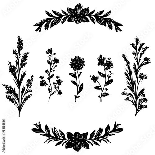 Black and white decorative botanical frame with hand drawn wildflowers and foliage for wedding stationery and label design