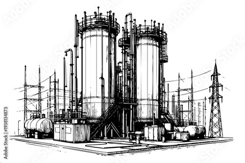 Black and white detailed drawing of petrochemical factory with storage tanks pipelines and power transmission towers