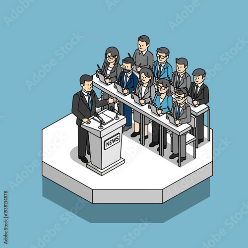 Business people gathered for a press conference with a speaker at a podium.