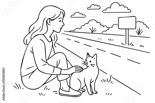 Black and white scene of girl crouching to touch feline near rural path for animal welfare and lifestyle content
