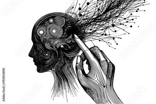 Black and white conceptual art showing mind connection artificial intelligence and consciousness exploration