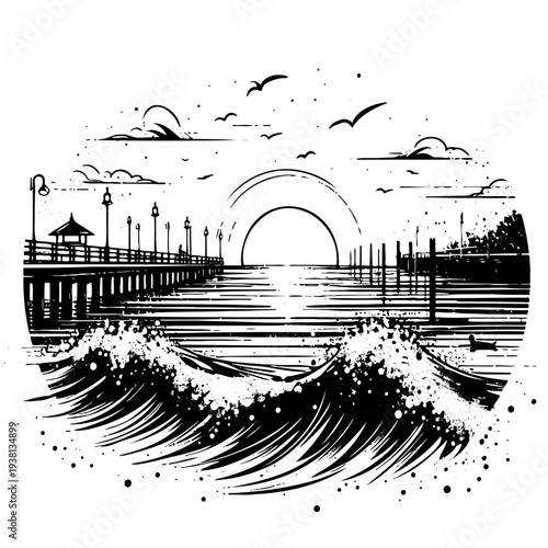 Black and white coastal scene showing boardwalk pavilion and splashing water for surf and beach decor