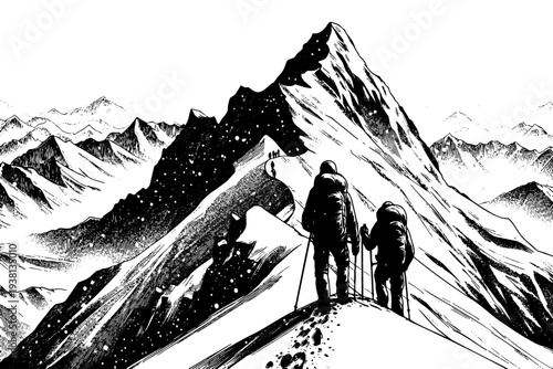 Black and white dramatic sketch of alpinists hiking toward summit with poles for adventure and achievement content