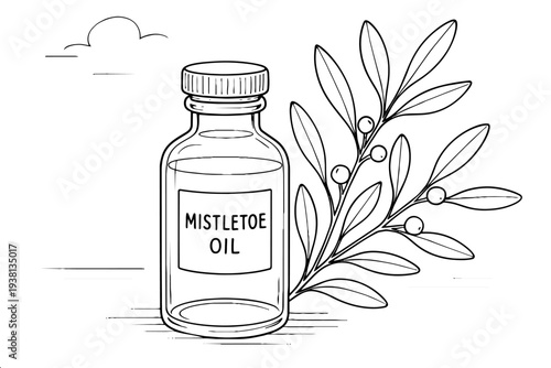 Black and white simple line drawing of aromatherapy product with berries and leaves for wellness content