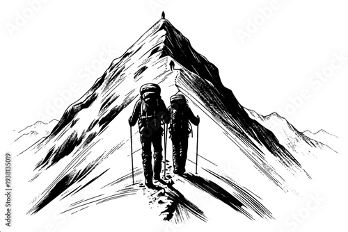 Black and white sketch of alpinists hiking toward summit with poles for adventure and motivational content