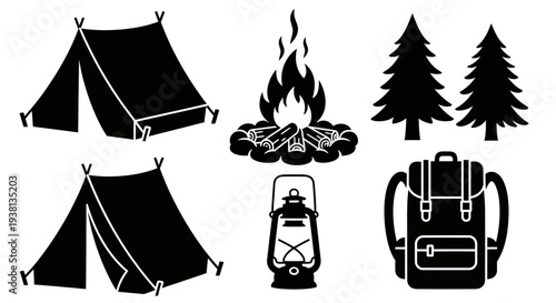 Black silhouette outdoor camping and adventure icon set with tent and backpack