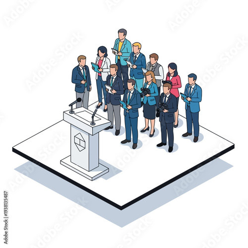 Group of people gathered around a podium for a press conference.