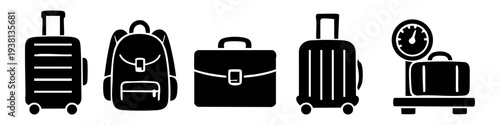 Set of travel luggage icons featuring suitcases on wheels, a backpack, a briefcase, and a bag on a scale. Black silhouette design for airport, transportation, and tourism concepts.