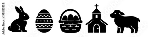 A collection of five black silhouette Easter icons featuring a bunny, decorated egg, wicker basket, church, and a lamb. Minimalist design elements for holiday invitations and spring decorations.