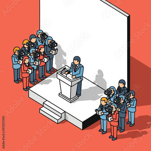 Man speaking at podium with reporters and cameras surrounding him.