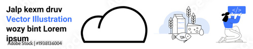 Cloud computing, agriculture, programming, technology, eco-friendly food, digital learning. Black cloud icon, wheat dairy fish woman coding. Cloud computing and agriculture concepts