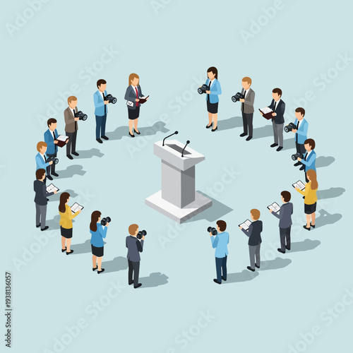 People gathered around a podium for a press conference or meeting.