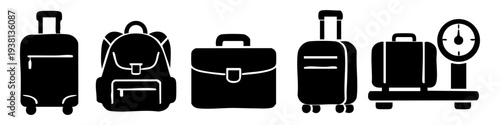 A set of black silhouette icons of travel luggage, including suitcases, a backpack, briefcase, and a weighing scale. Minimalist vector elements for airport, tourism, and vacation themes.