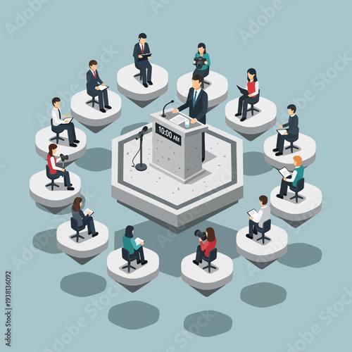 People gathered for a meeting or conference around a central podium.