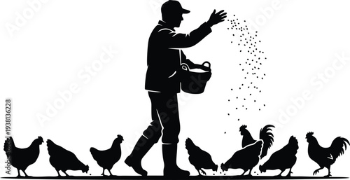 Farmer Feeding Chickens Silhouette Illustration