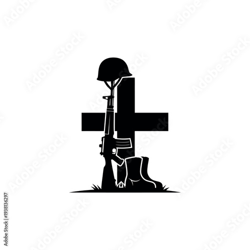 Fallen Soldier Battle Cross Memorial Silhouette.