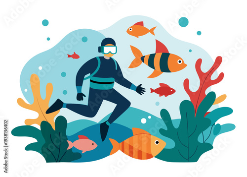 Minimal Scuba Diver Exploring Coral Reef Vector