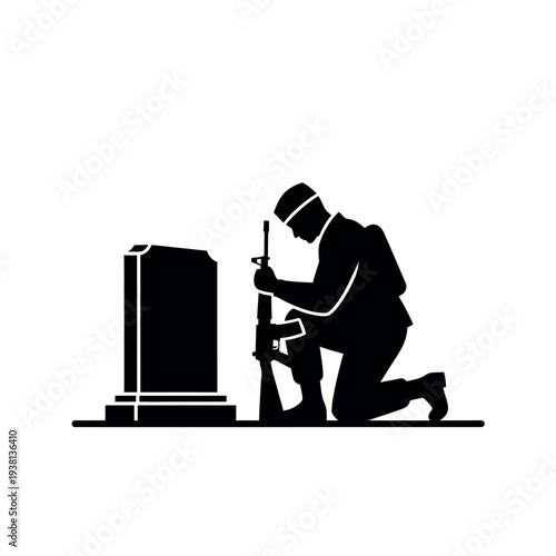 Soldier kneeling at grave silhouette.