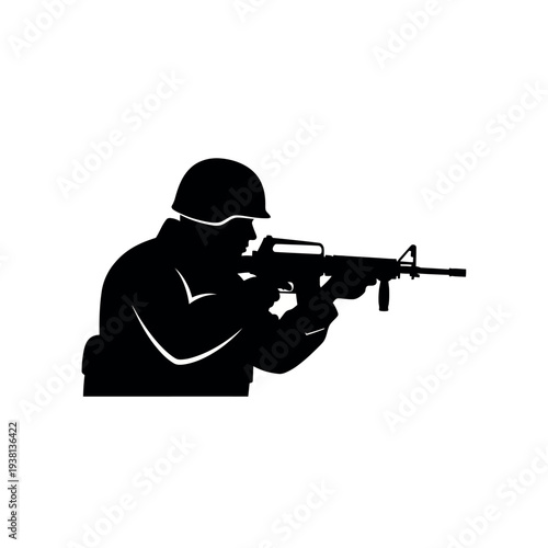 Soldier silhouette aiming rifle in combat stance.