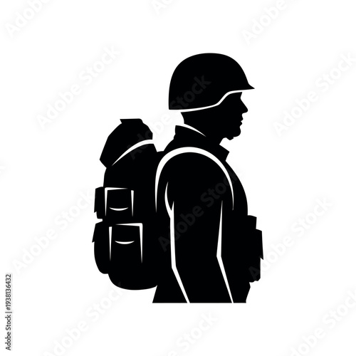 Soldier silhouette with backpack and helmet.