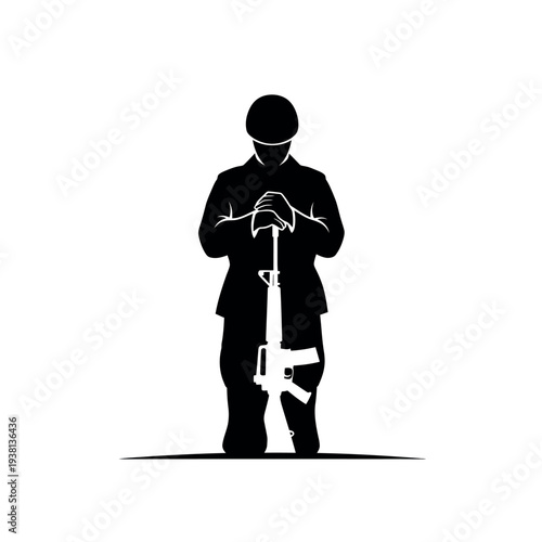 Soldier silhouette with rifle in a moment of reflection.