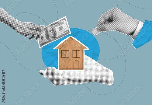 Trendy Halftone Collage of Hand Giving Dollar Bill for House in Palm, Real Estate Investment and Home Purchase Concept
