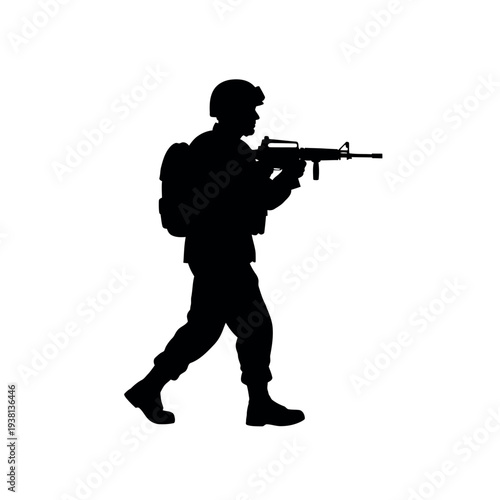Soldier silhouette with rifle walking.