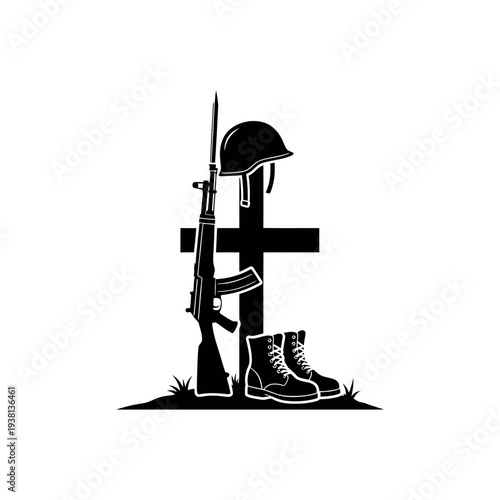 Soldiers Cross Memorial with Rifle Helmet Boots.