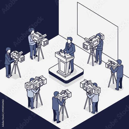 Politician giving speech at podium surrounded by news cameras and reporters.