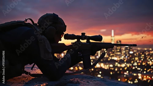 Sniper aiming at city skyline at sunset, dramatic sky, surveillance