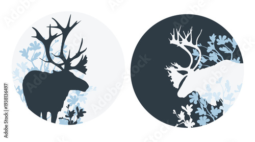 Reindeer Caribou Silhouette Circular Emblem Set, Day and Night Concept, Modern Nordic Wildlife Logos with Foliage