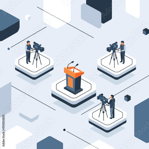 Press Conference Setup with Podium and Cameras.